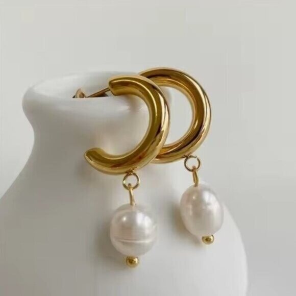 Dangle Pearl Earrings Gold Chunky hoop w/dangle Pearl Waterproof Gold Hoops CUTE - Picture 9 of 12